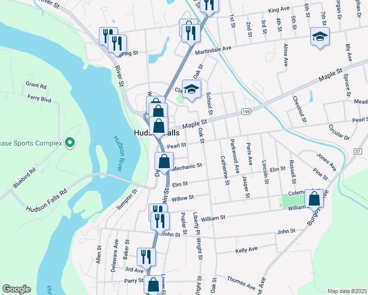 map of restaurants, bars, coffee shops, grocery stores, and more near 10 Hudson Place in Hudson Falls