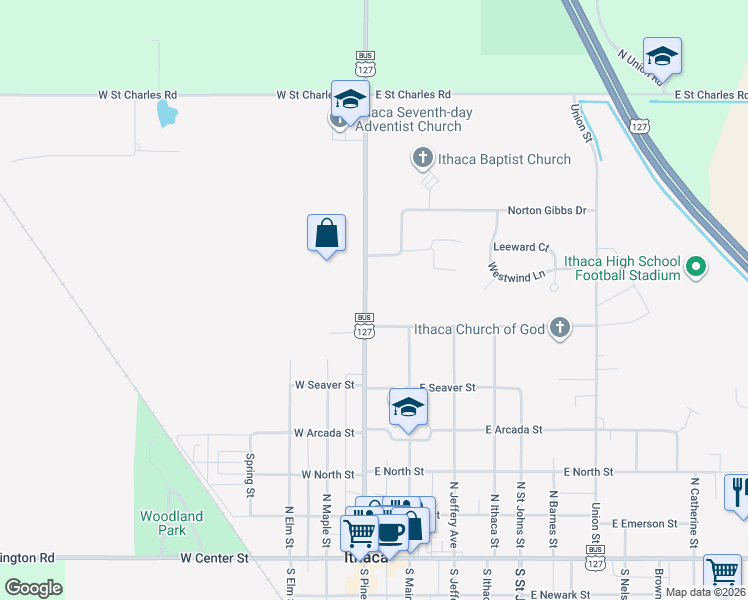 map of restaurants, bars, coffee shops, grocery stores, and more near 610 North Pine River Street in Ithaca