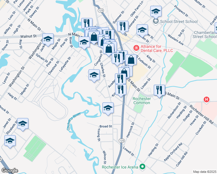 map of restaurants, bars, coffee shops, grocery stores, and more near 35 Charles Street in Rochester