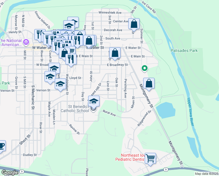 map of restaurants, bars, coffee shops, grocery stores, and more near 602 Plum Street in Decorah
