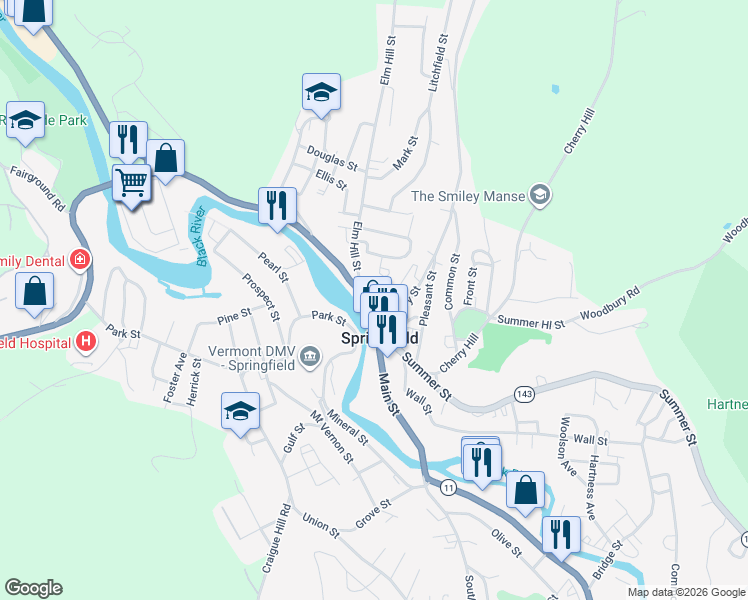 map of restaurants, bars, coffee shops, grocery stores, and more near 6 Hill Place in Springfield