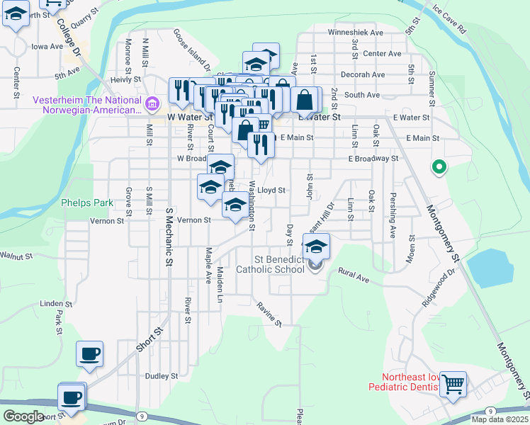 map of restaurants, bars, coffee shops, grocery stores, and more near 108 St Lawrence St in Decorah