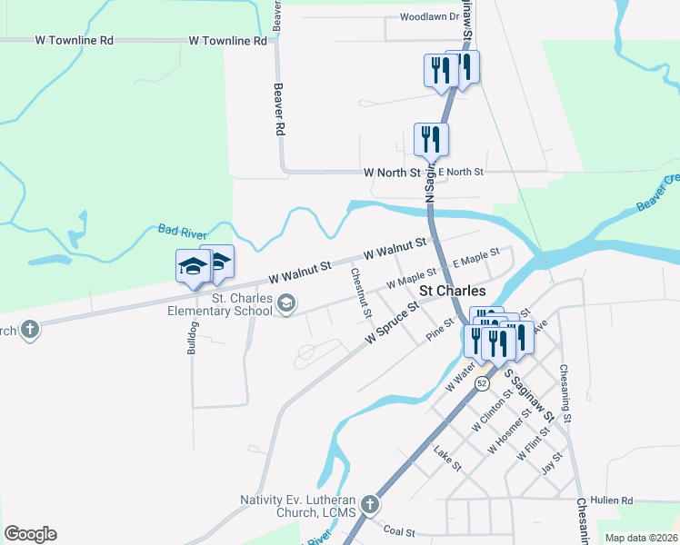 map of restaurants, bars, coffee shops, grocery stores, and more near 419 West Walnut Street in Saint Charles