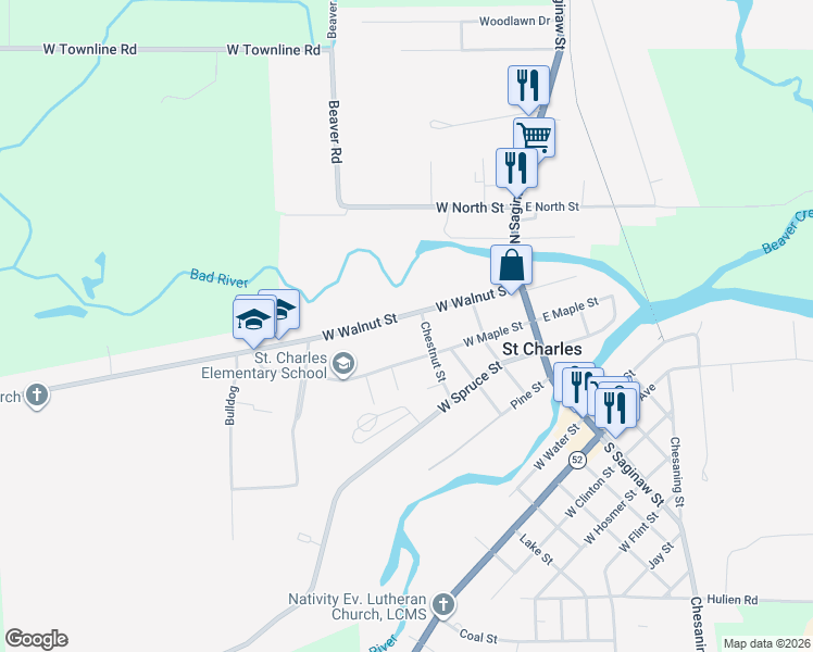 map of restaurants, bars, coffee shops, grocery stores, and more near 419 West Walnut Street in Saint Charles