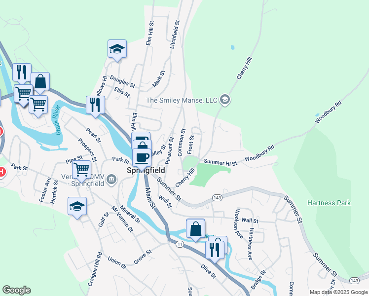 map of restaurants, bars, coffee shops, grocery stores, and more near 13 Front Street in Springfield