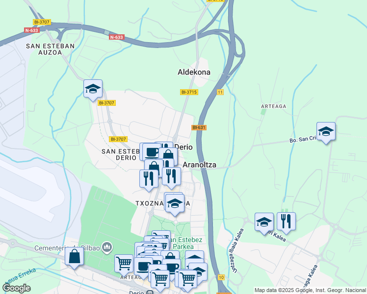 map of restaurants, bars, coffee shops, grocery stores, and more near in Derio