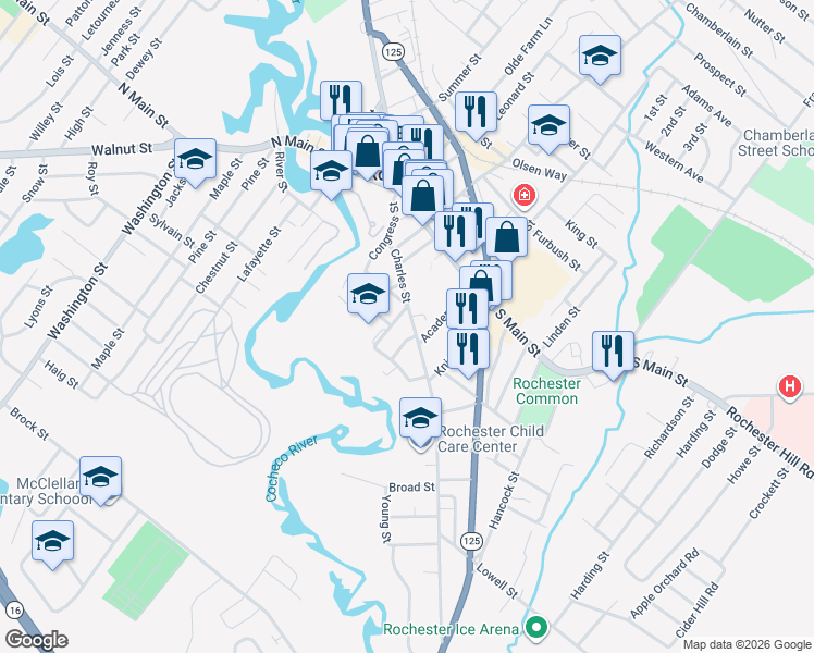 map of restaurants, bars, coffee shops, grocery stores, and more near 45 Charles Street in Rochester