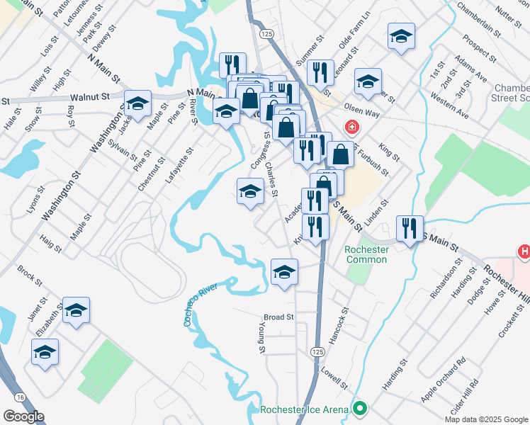 map of restaurants, bars, coffee shops, grocery stores, and more near 23 Granite Street in Rochester
