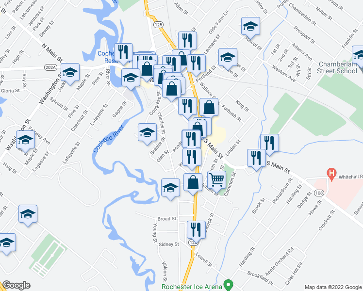 map of restaurants, bars, coffee shops, grocery stores, and more near 18 Academy Street in Rochester