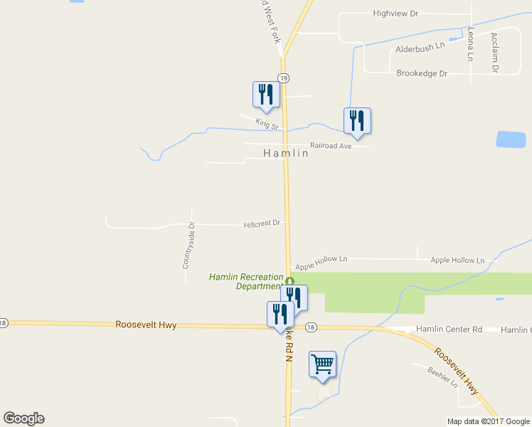 map of restaurants, bars, coffee shops, grocery stores, and more near 6 Hillcrest Drive in Hamlin