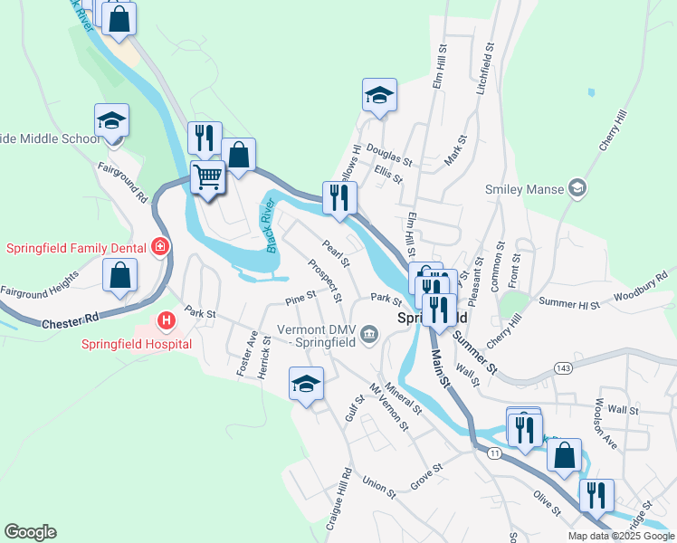 map of restaurants, bars, coffee shops, grocery stores, and more near 31 Pearl Street in Springfield