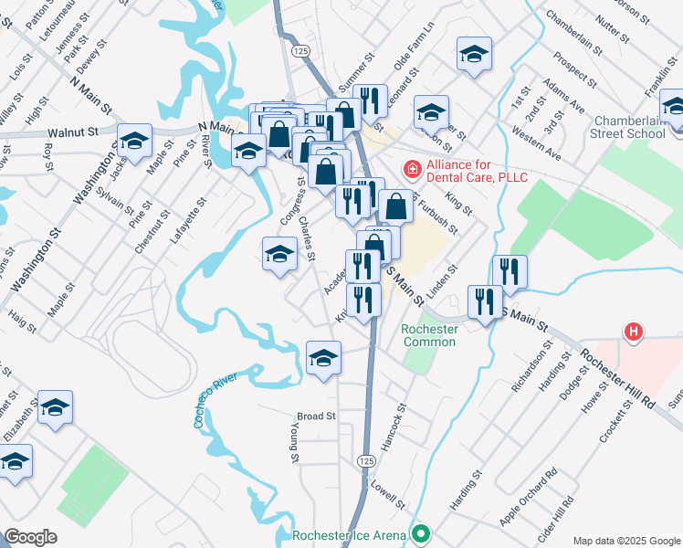 map of restaurants, bars, coffee shops, grocery stores, and more near 16 Academy Street in Rochester