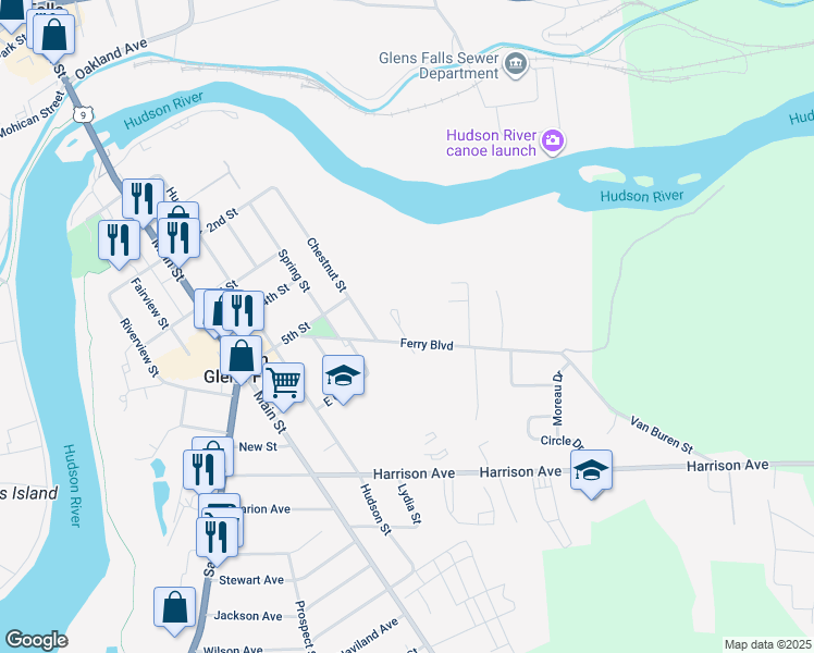 map of restaurants, bars, coffee shops, grocery stores, and more near 3 Simione Court in South Glens Falls