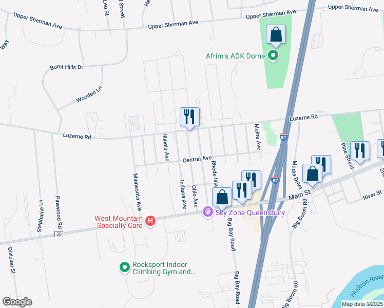 map of restaurants, bars, coffee shops, grocery stores, and more near 52 Ohio Avenue in Queensbury