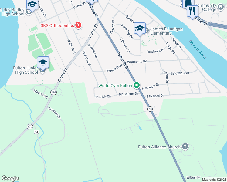 map of restaurants, bars, coffee shops, grocery stores, and more near 80 Patrick Cir in Fulton