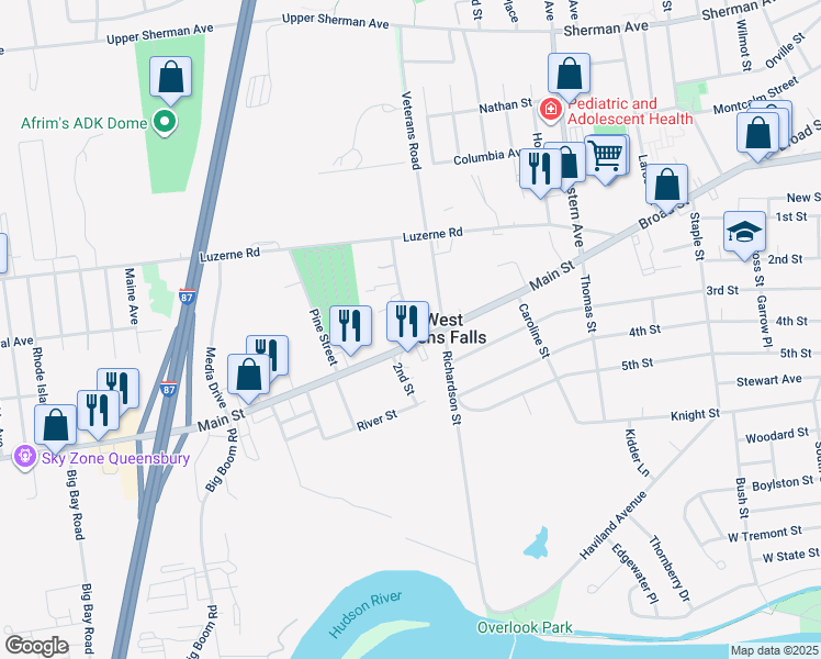 map of restaurants, bars, coffee shops, grocery stores, and more near 2 Main Street in Queensbury