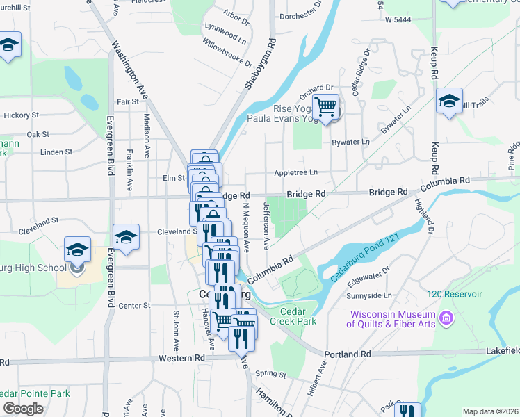 map of restaurants, bars, coffee shops, grocery stores, and more near W60N687 Jefferson Avenue in Cedarburg