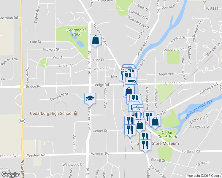 map of restaurants, bars, coffee shops, grocery stores, and more near W65N691 Saint John Avenue in Cedarburg
