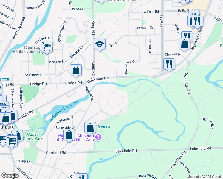 map of restaurants, bars, coffee shops, grocery stores, and more near W49N777 Cedar Reserve Circle in Cedarburg