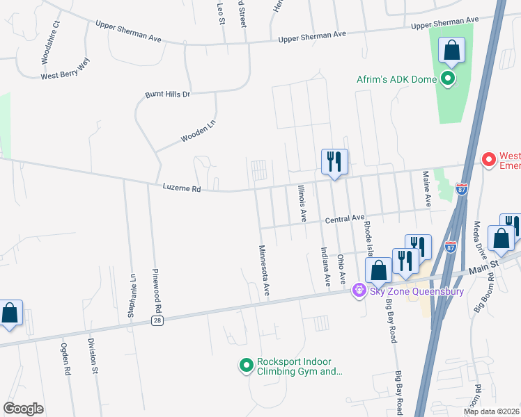 map of restaurants, bars, coffee shops, grocery stores, and more near 64 Minnesota Avenue in Queensbury