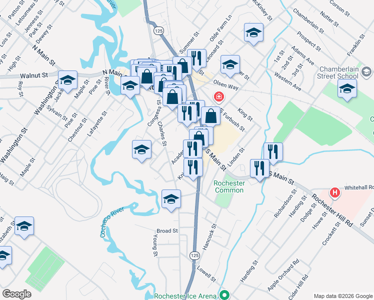 map of restaurants, bars, coffee shops, grocery stores, and more near 16 Academy Street in Rochester