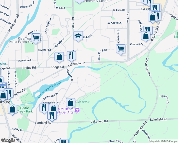 map of restaurants, bars, coffee shops, grocery stores, and more near W49N777 Cedar Reserve Circle in Cedarburg