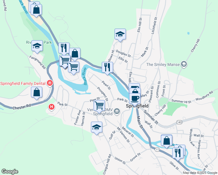 map of restaurants, bars, coffee shops, grocery stores, and more near Pearl Street in Springfield