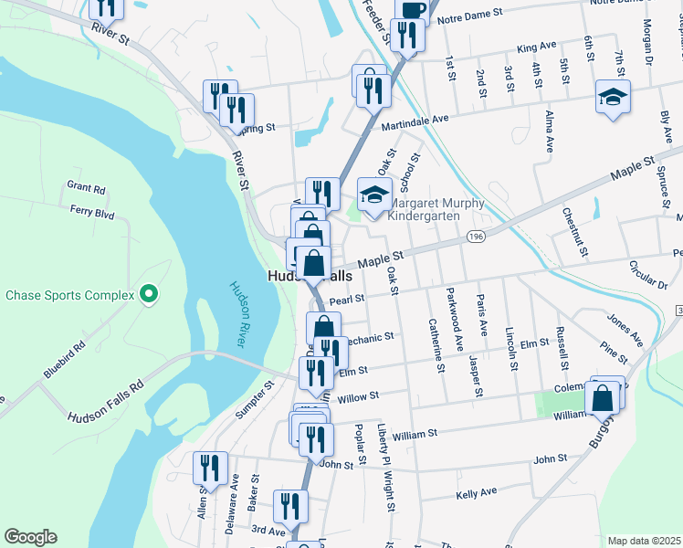 map of restaurants, bars, coffee shops, grocery stores, and more near 4 Mulberry Street in Hudson Falls