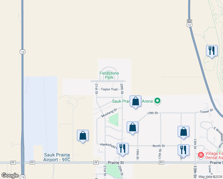 map of restaurants, bars, coffee shops, grocery stores, and more near 2001 Taylor Trail in Prairie du Sac