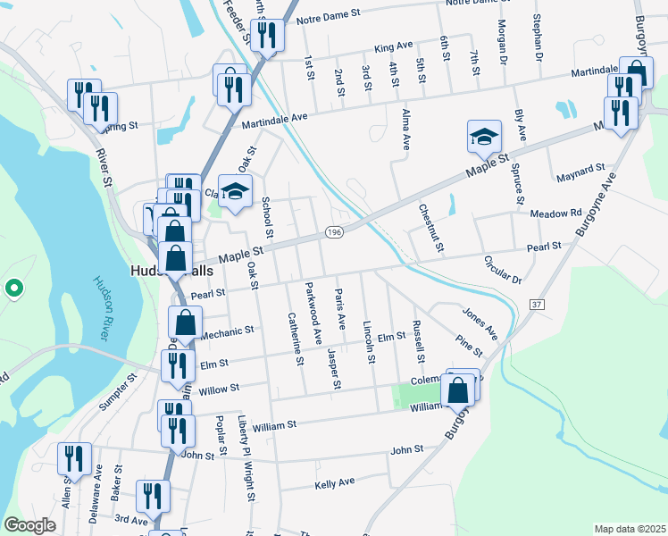 map of restaurants, bars, coffee shops, grocery stores, and more near 57 Pearl Street in Hudson Falls