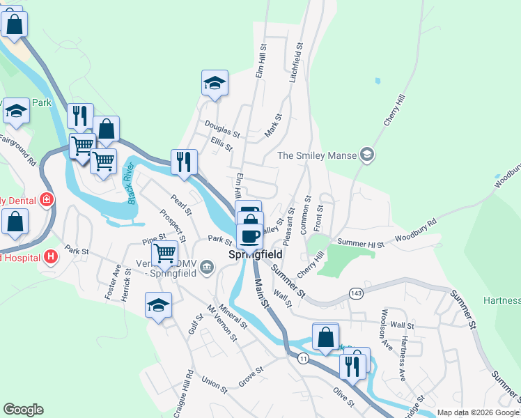 map of restaurants, bars, coffee shops, grocery stores, and more near 6 Hill Place in Springfield