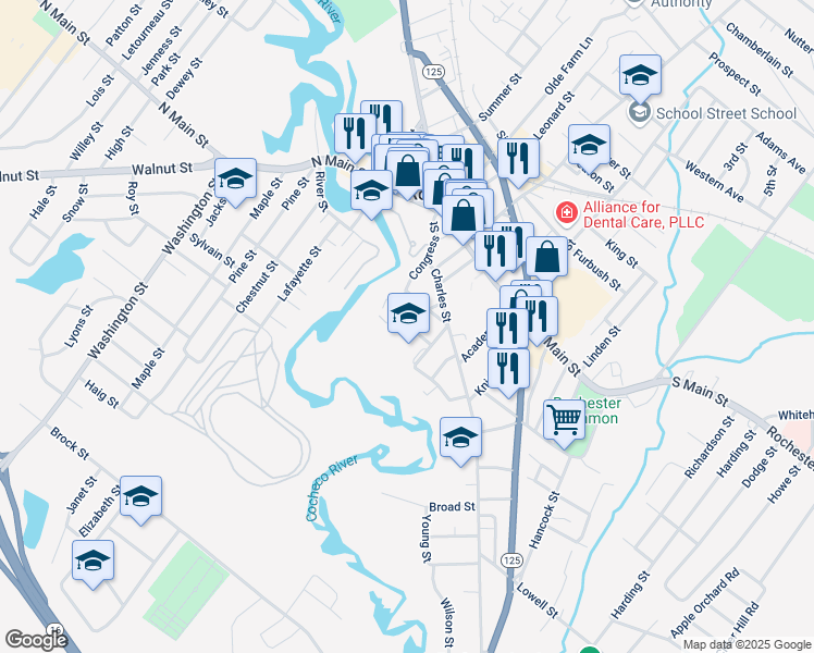 map of restaurants, bars, coffee shops, grocery stores, and more near 27 Woodman Street in Rochester