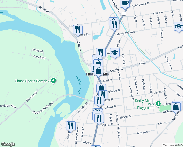 map of restaurants, bars, coffee shops, grocery stores, and more near 177-181 Main Street in Hudson Falls