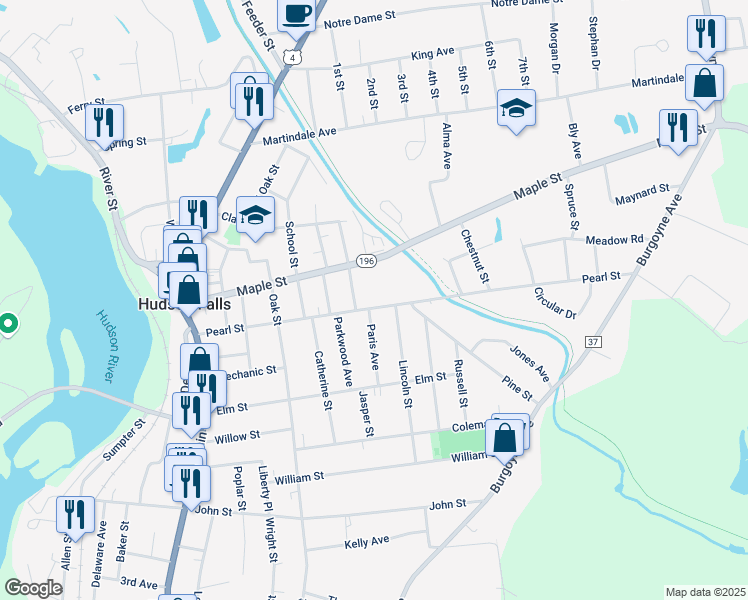 map of restaurants, bars, coffee shops, grocery stores, and more near 57 Pearl Street in Hudson Falls