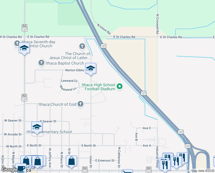 map of restaurants, bars, coffee shops, grocery stores, and more near 710 Union Street in Ithaca