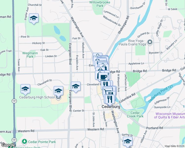 map of restaurants, bars, coffee shops, grocery stores, and more near W65N691 Saint John Avenue in Cedarburg