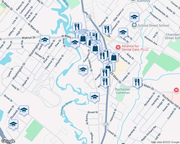 map of restaurants, bars, coffee shops, grocery stores, and more near 35 Charles Street in Rochester