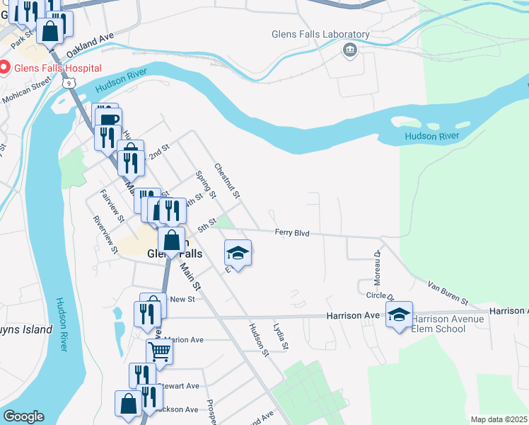 map of restaurants, bars, coffee shops, grocery stores, and more near 3 Simione Court in South Glens Falls