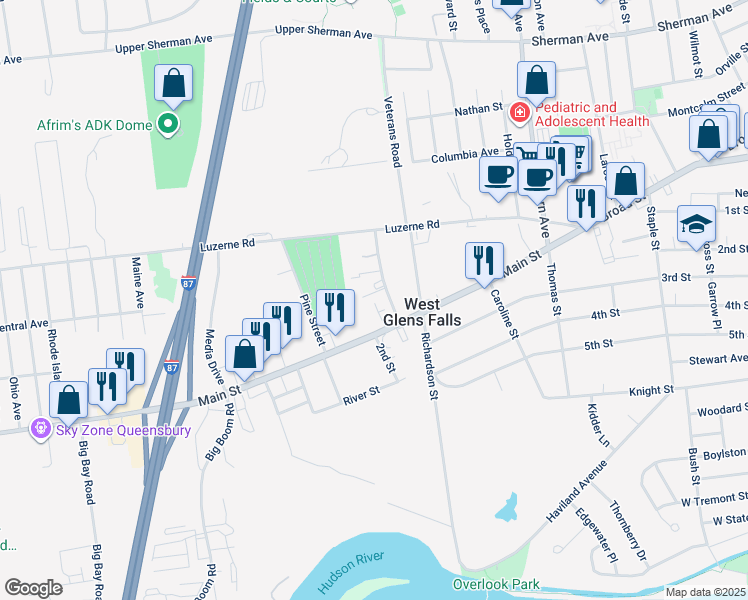 map of restaurants, bars, coffee shops, grocery stores, and more near 2 Main Street in Queensbury