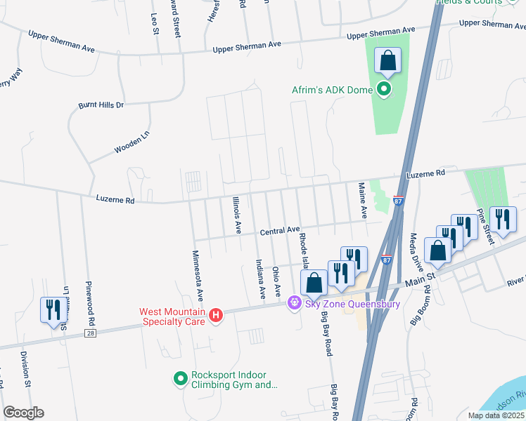 map of restaurants, bars, coffee shops, grocery stores, and more near 52 Ohio Avenue in Queensbury