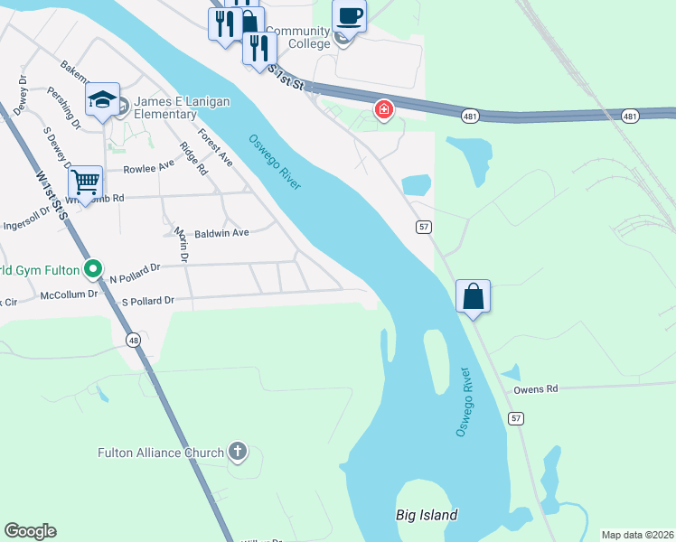 map of restaurants, bars, coffee shops, grocery stores, and more near 13 East Edgewater Drive in Fulton