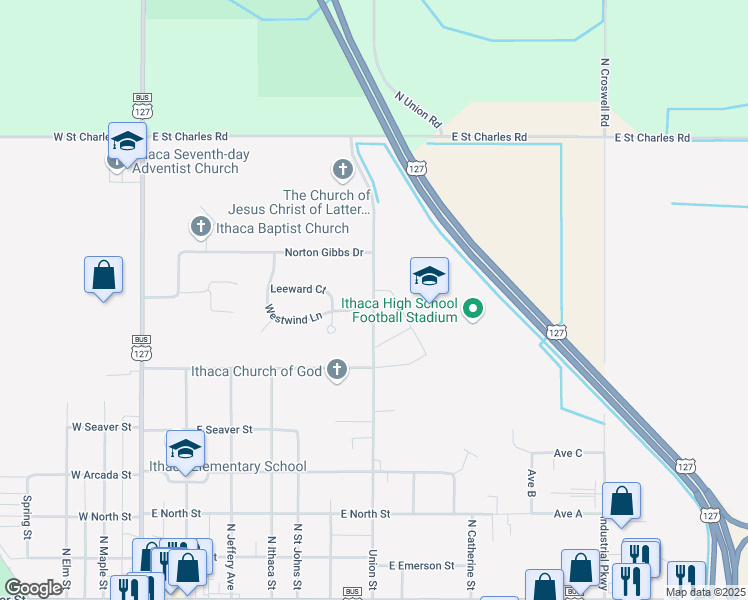map of restaurants, bars, coffee shops, grocery stores, and more near 710 Union Street in Ithaca