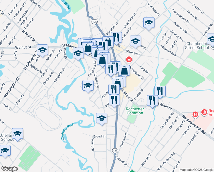 map of restaurants, bars, coffee shops, grocery stores, and more near 16 Academy Street in Rochester