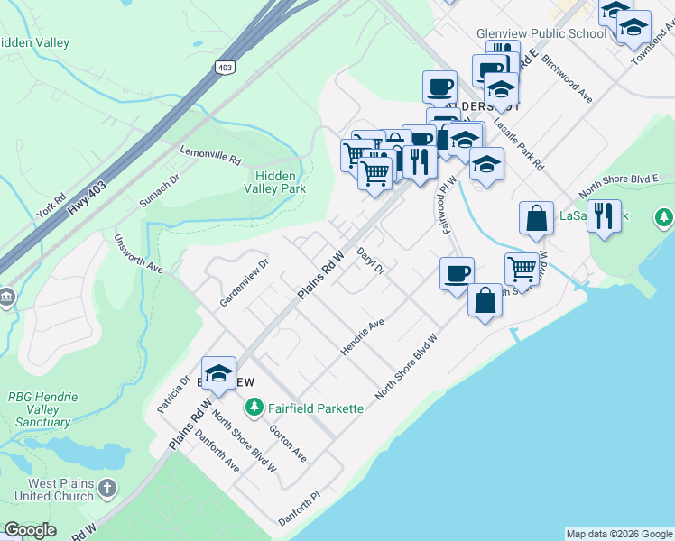 map of restaurants, bars, coffee shops, grocery stores, and more near 216 A Plains Road West in Burlington