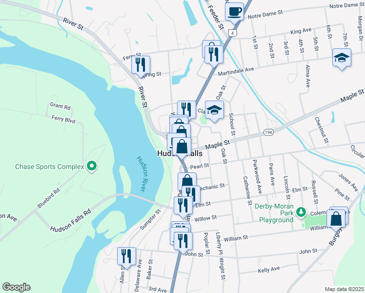 map of restaurants, bars, coffee shops, grocery stores, and more near 136-140 Main Street in Hudson Falls