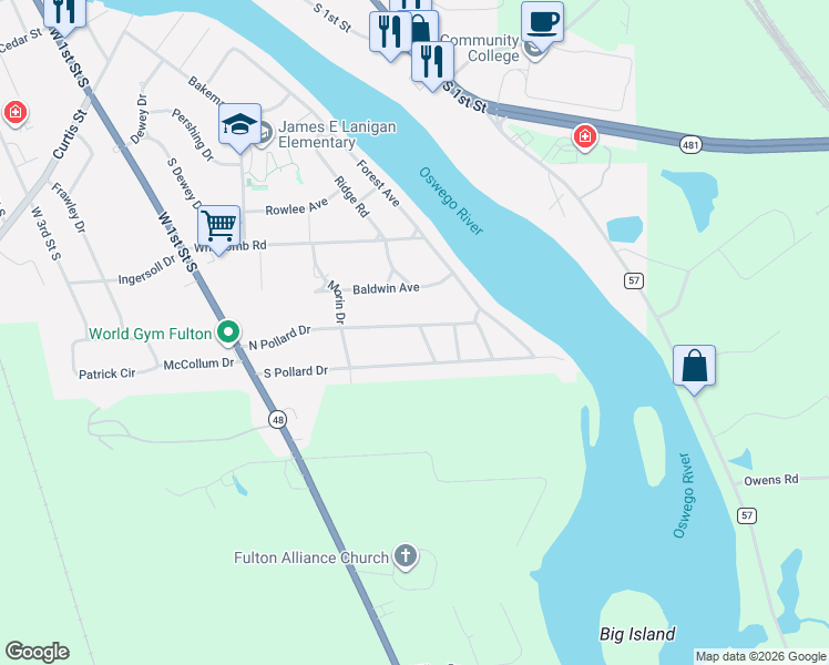 map of restaurants, bars, coffee shops, grocery stores, and more near 59 South Pollard Drive in Fulton