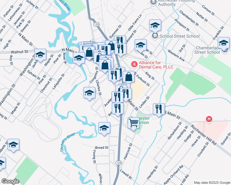 map of restaurants, bars, coffee shops, grocery stores, and more near 16 Academy Street in Rochester