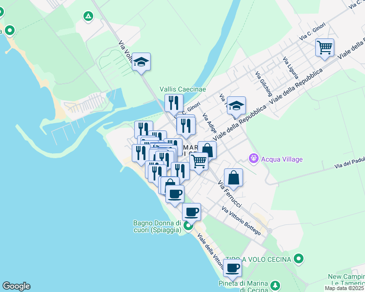 map of restaurants, bars, coffee shops, grocery stores, and more near 182 Viale della Repubblica in Cecina
