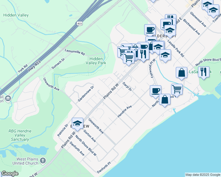 map of restaurants, bars, coffee shops, grocery stores, and more near 205 Plains Road West in Burlington