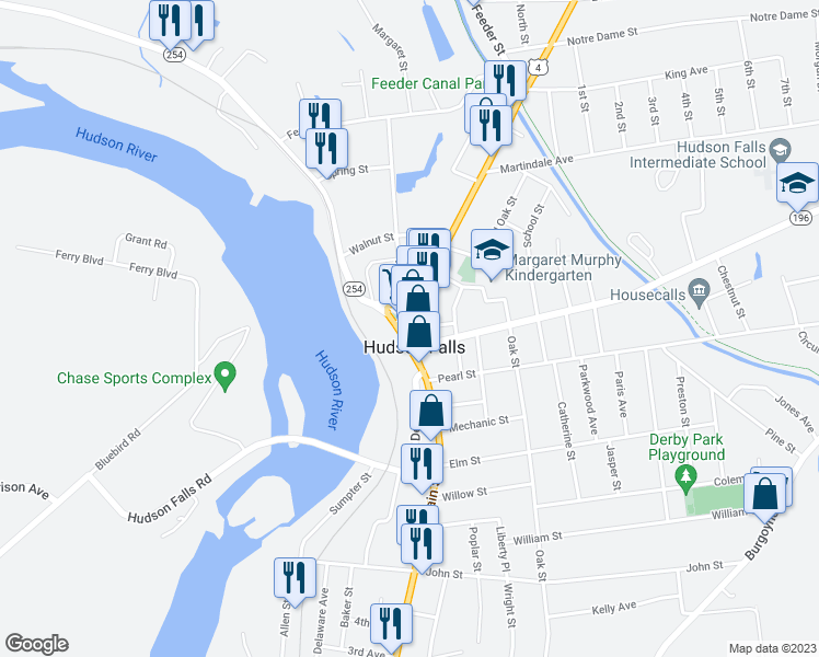 map of restaurants, bars, coffee shops, grocery stores, and more near Main Street & Court Street in Hudson Falls